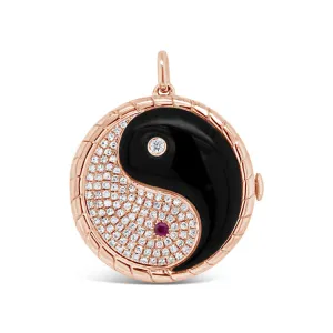 0.24t Diamond 2.17ct Ruby & Onyx 14k Rose Gold Yin Yang Locket Necklace