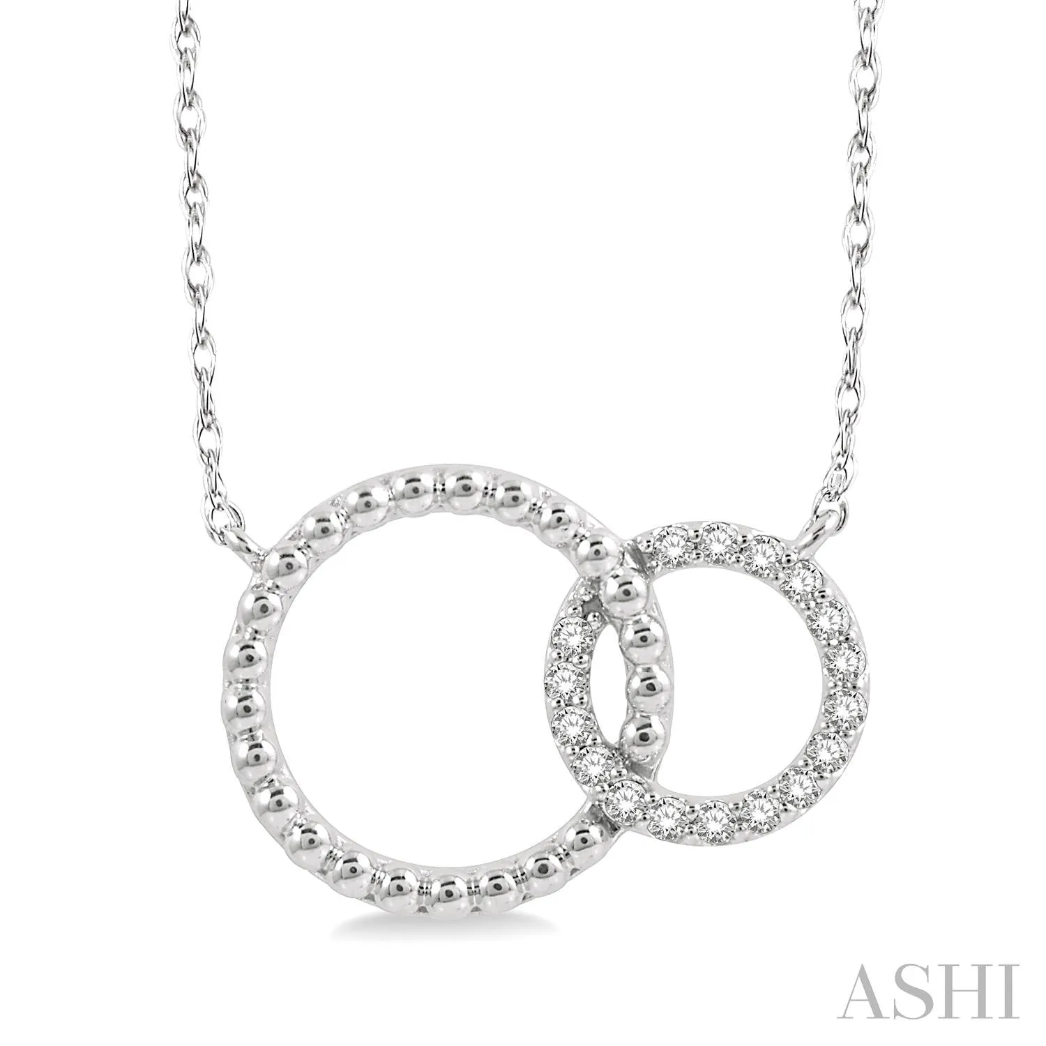 10K White Gold Interlocking Twin Circles Round Cut Diamond Necklace, 0.08Carat TW