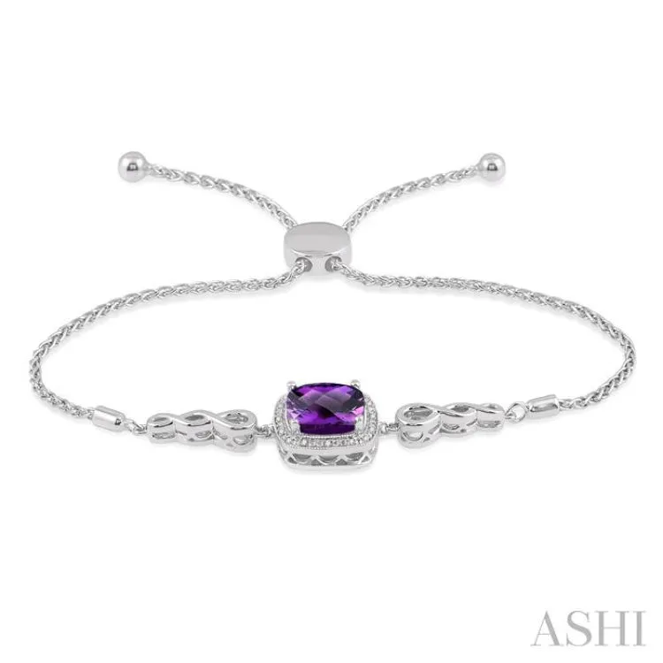 1/20 Ctw Cushion Cut 10x10mm Amethyst Round Cut Diamond Sterling Silver Lariat Bracelet