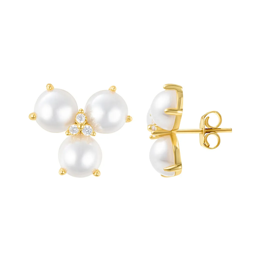 14k Gold Plated 3-Point Freshwater Pearl Flower with CZ Earrings