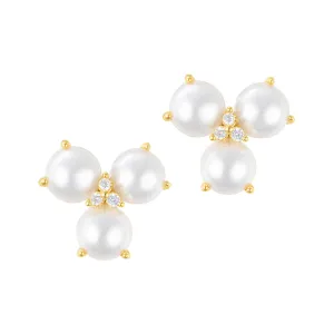 14k Gold Plated 3-Point Freshwater Pearl Flower with CZ Earrings