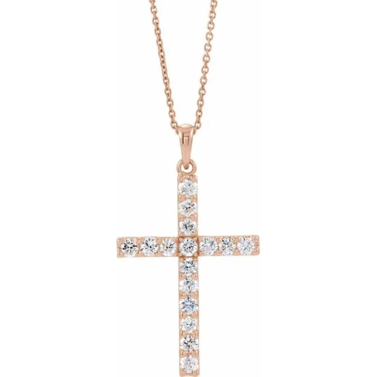 14K Rose 3/4 CTW Natural Diamond Cross 18" Necklace