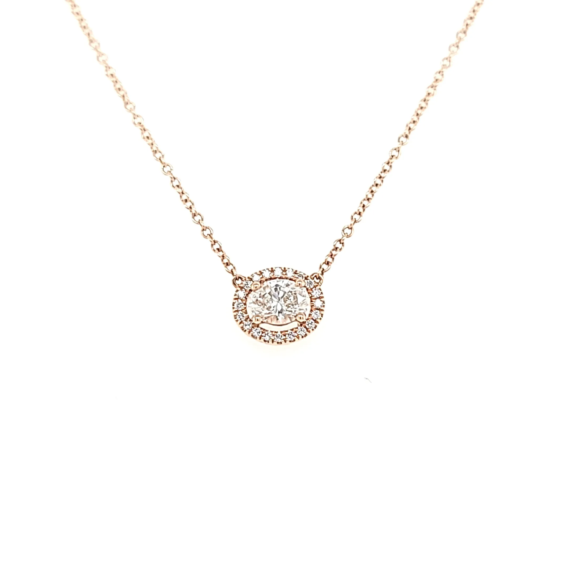 14k Rose Gold Oval Diamond Halo Necklace (I6827)