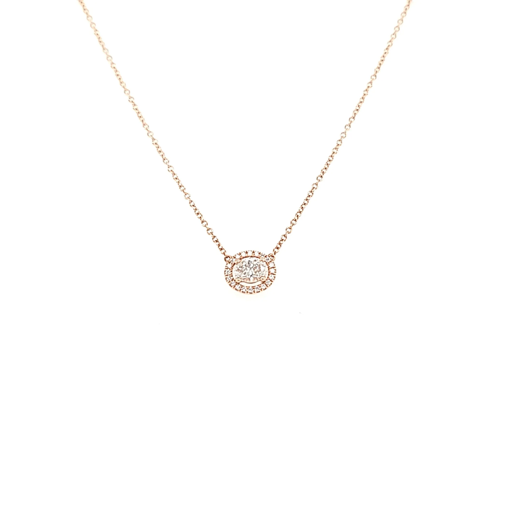 14k Rose Gold Oval Diamond Halo Necklace (I6827)