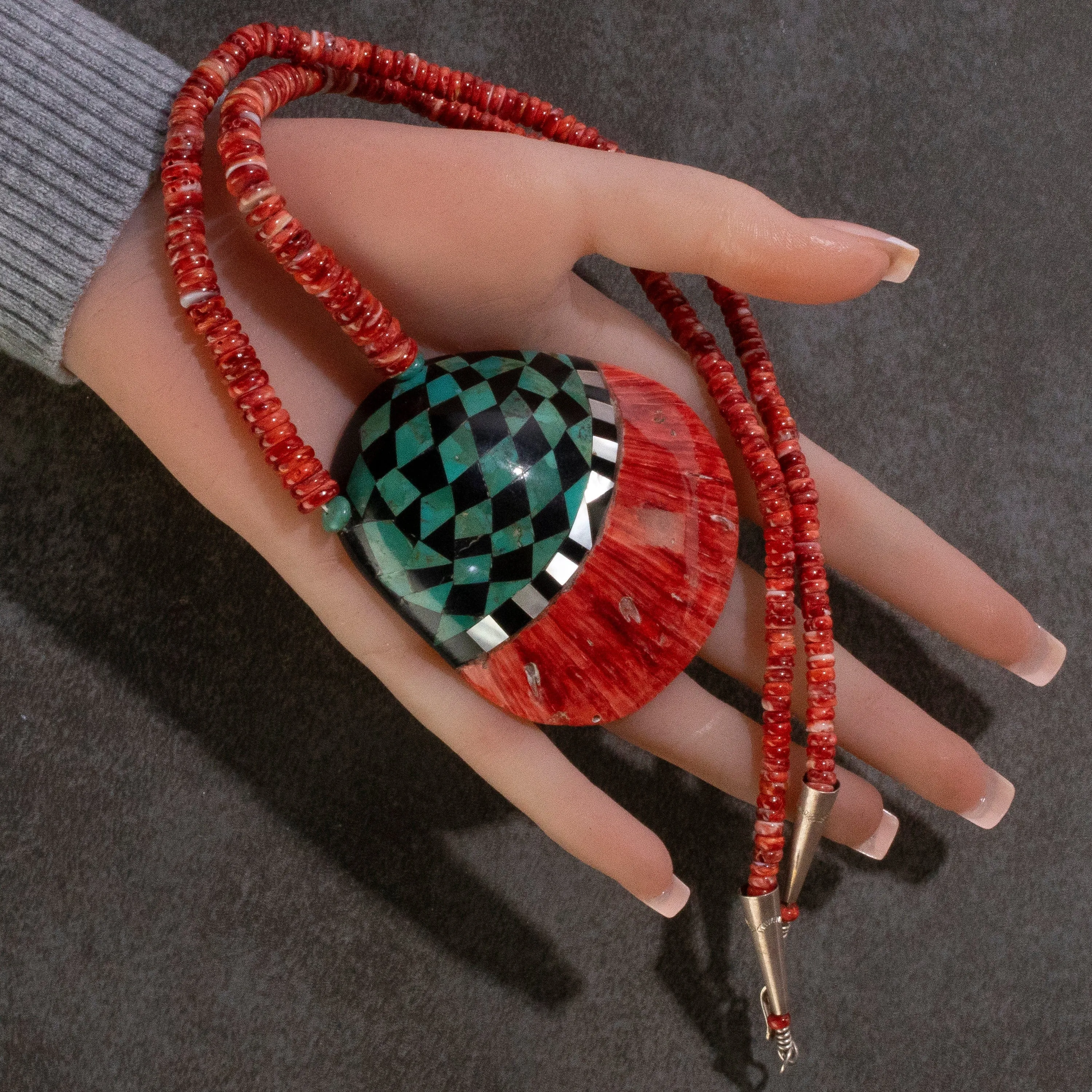 26" Red Spiny Oyster Shell with Turquoise, Mother of Pearl, and Black Onyx USA Native American Made 925 Sterling Silver Heishi Bead Necklace