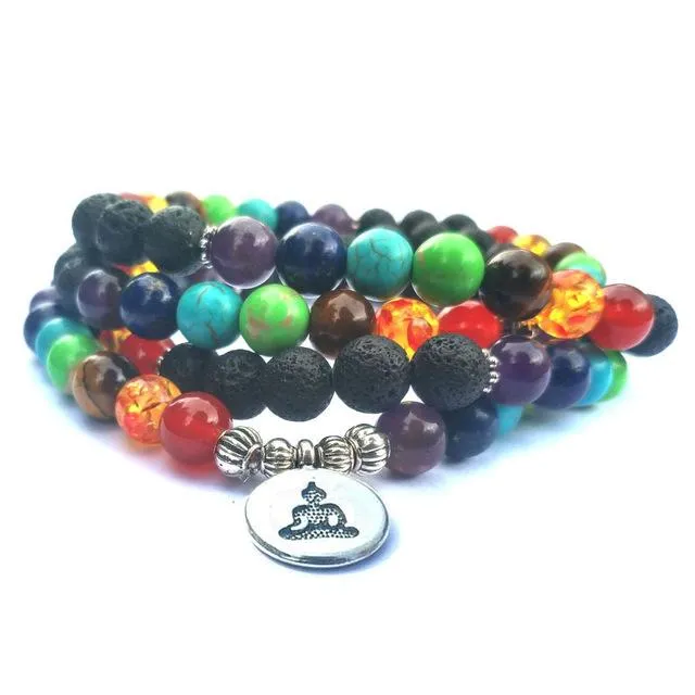 7 Chakra and Lava Stone 108 Beads Mala Bracelet - Lotus / Om / Buddha Charm