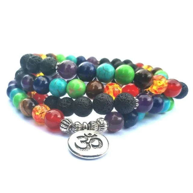 7 Chakra and Lava Stone 108 Beads Mala Bracelet - Lotus / Om / Buddha Charm