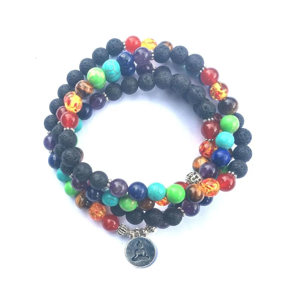 7 Chakra and Lava Stone 108 Beads Mala Bracelet - Lotus / Om / Buddha Charm