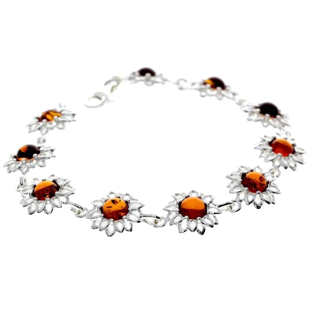 925 Sterling Silver & Genuine Baltic Amber Modern Flowers Link Bracelet - GL558