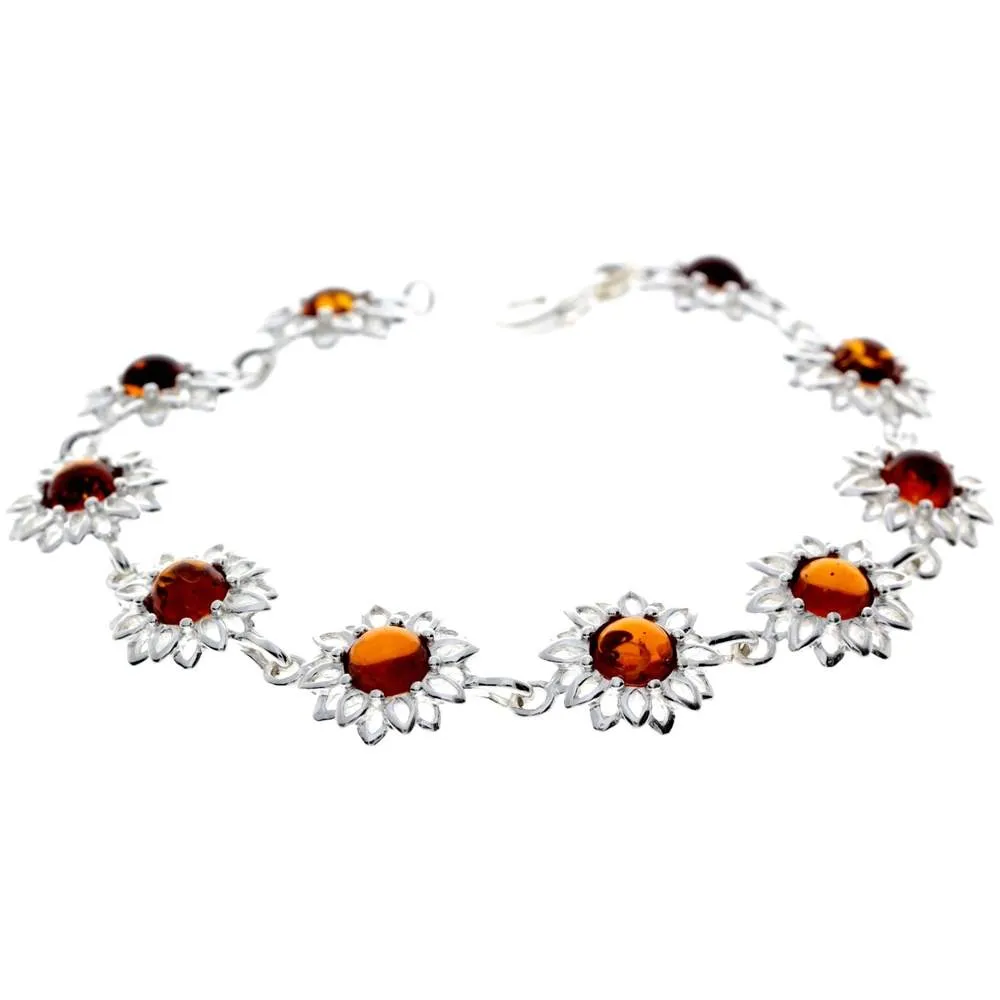 925 Sterling Silver & Genuine Baltic Amber Modern Flowers Link Bracelet - GL558