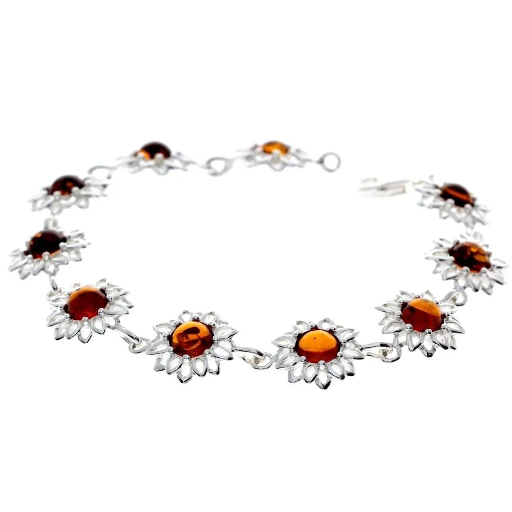 925 Sterling Silver & Genuine Baltic Amber Modern Flowers Link Bracelet - GL558