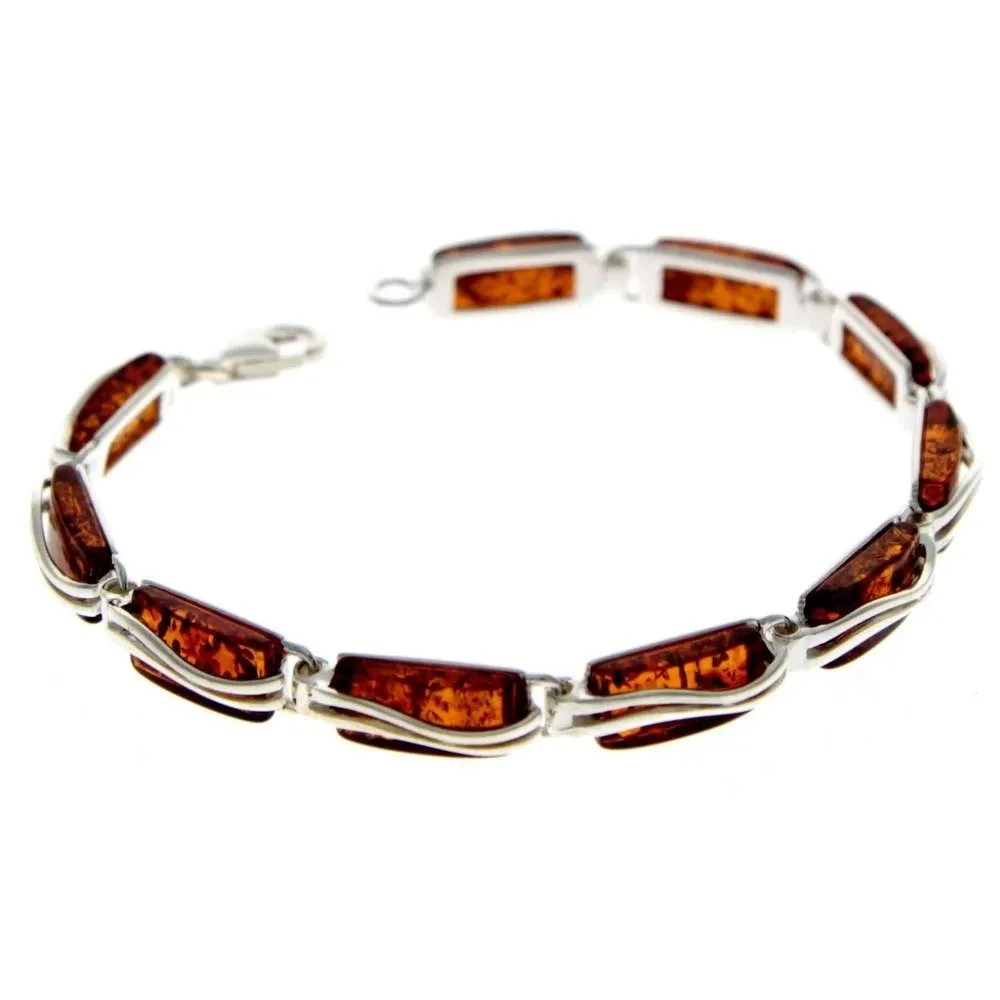 925 Sterling Silver & Genuine Baltic Amber Rectangular Modern Bracelet - GL508B