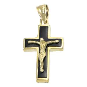 Black Onyx Jesus Cross Crusifix Latin Cross Necklace Pendant 14k Yellow Gold