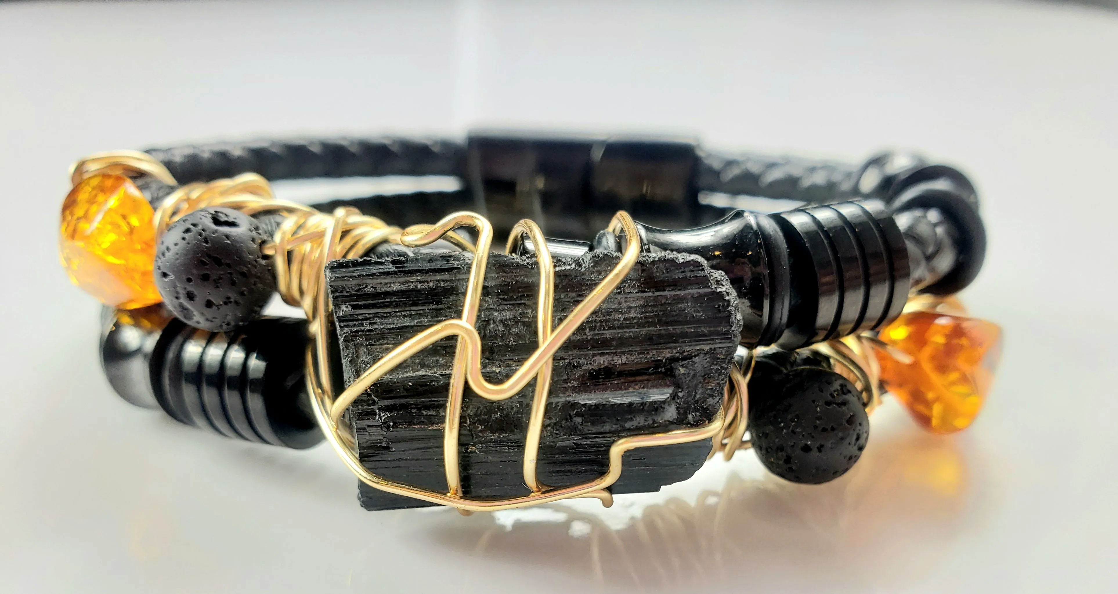 Black Tourmaline & Amber Leather Bracelet-One of a kind crystal jewelry