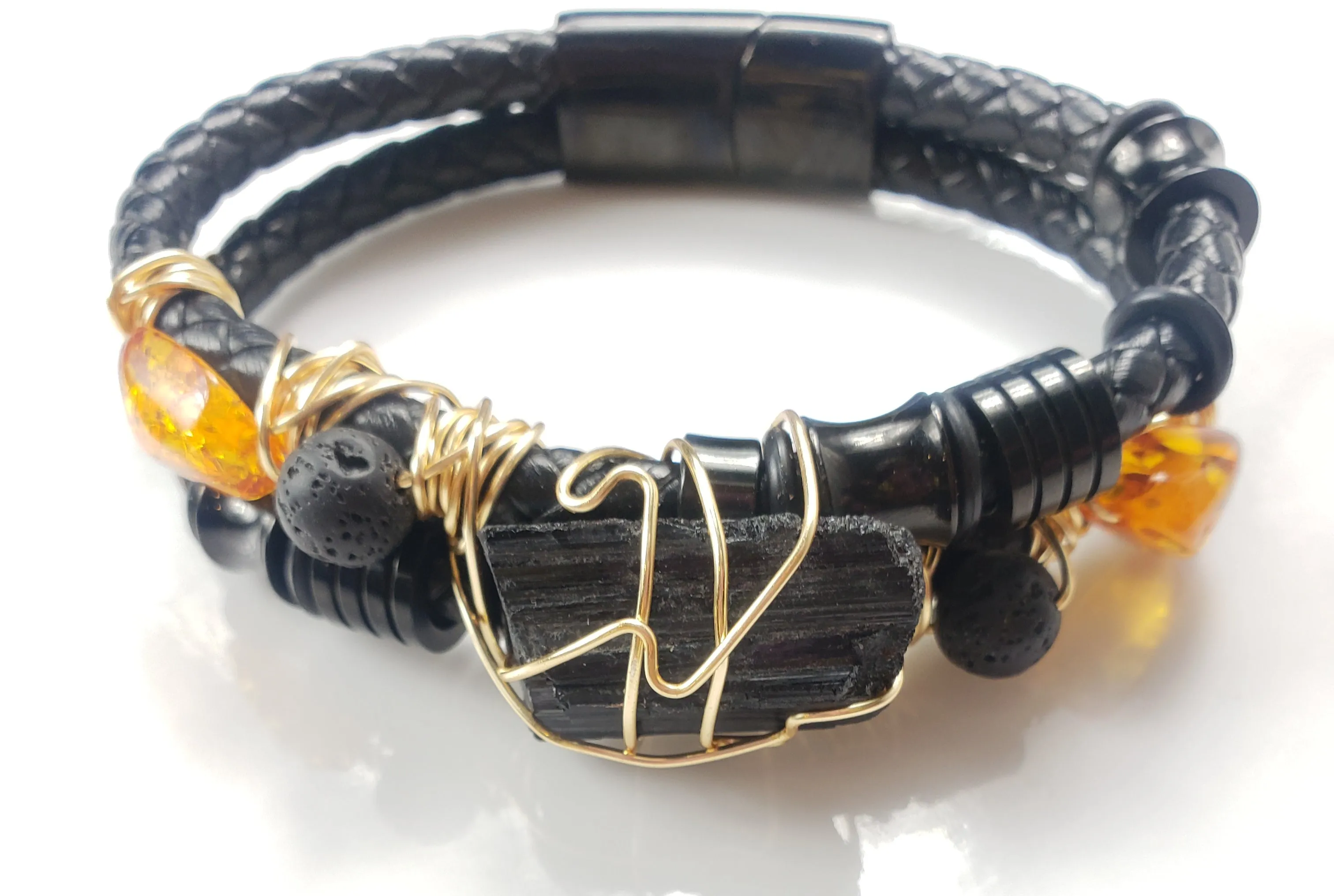 Black Tourmaline & Amber Leather Bracelet-One of a kind crystal jewelry