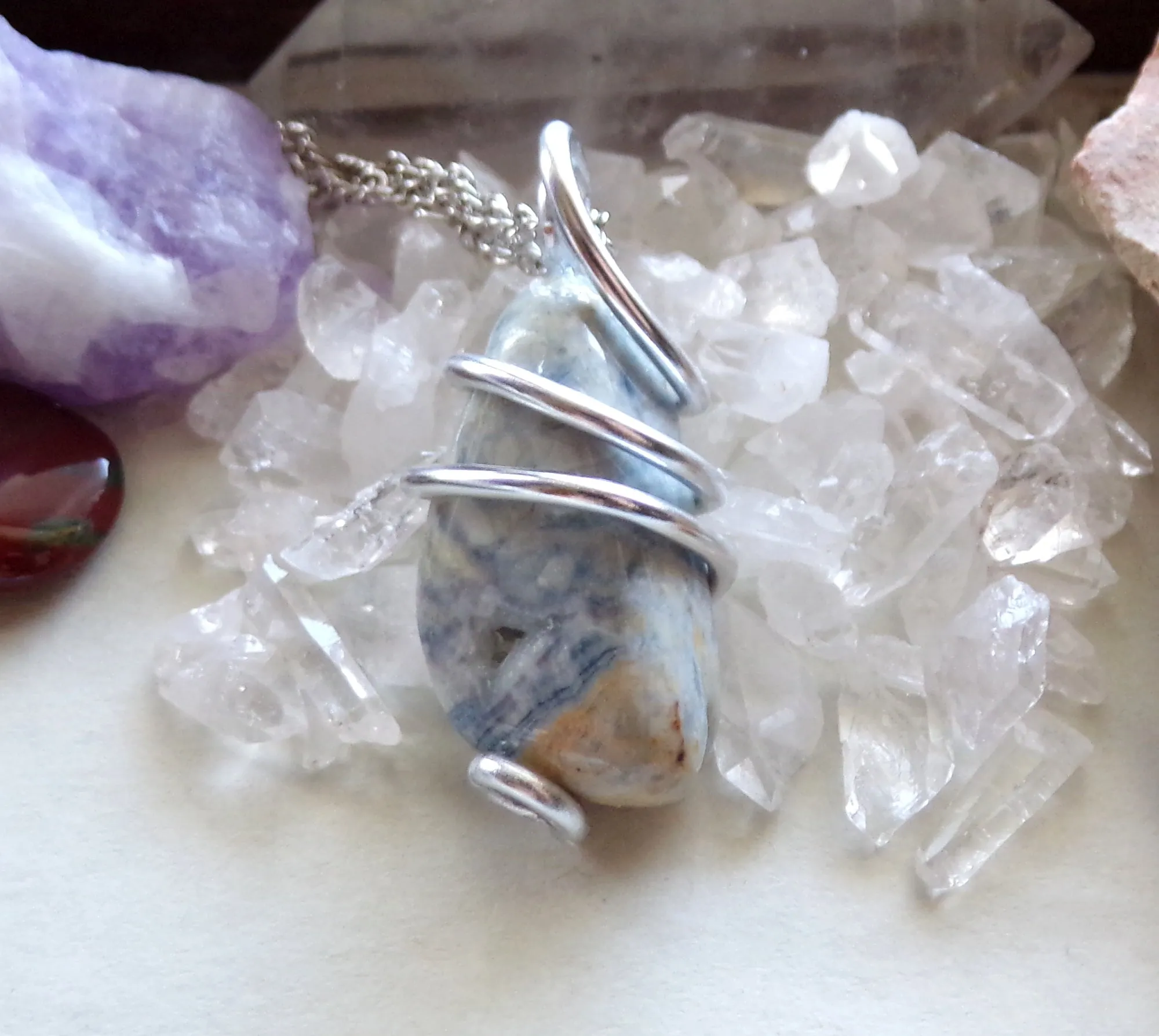 Blue Scheelite Natural Gemstone Wire Wrapped Pendant Necklace