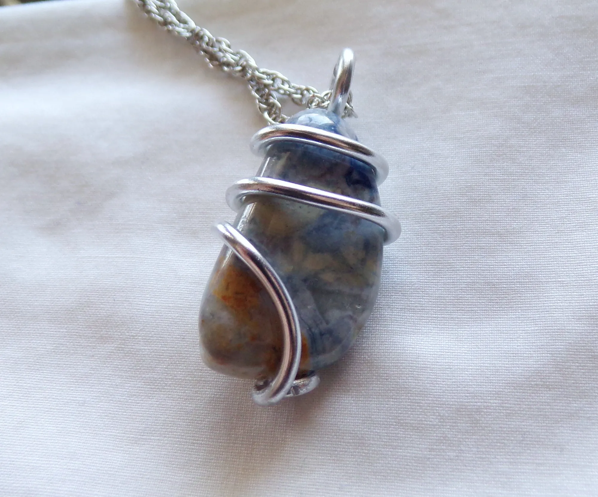 Blue Scheelite Natural Gemstone Wire Wrapped Pendant Necklace