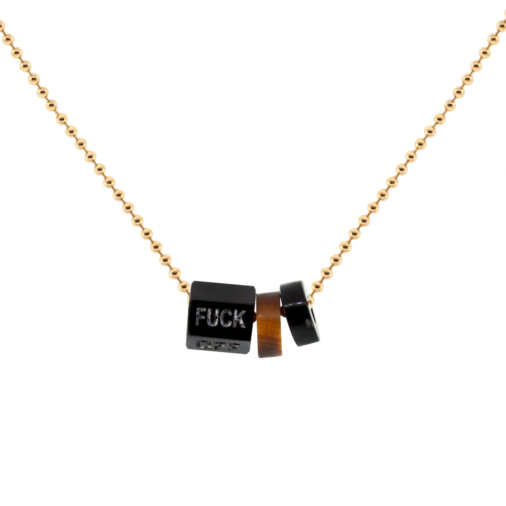 Carved Onyx "FUCK" Gemstone On Gold Ball Chain Necklace