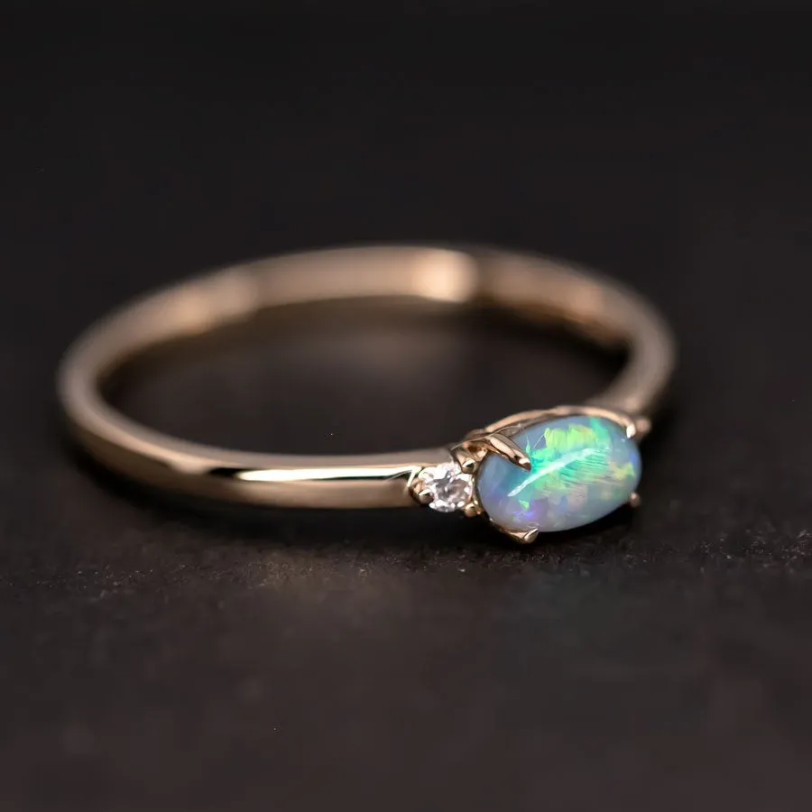 Classic Three Stones Black Opal Diamond Engagement Ring 18K Yellow Gold