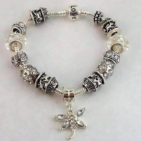 Crystal Dragonfly with Multifaceted Beads European Style 925 Silver Charm Bracelet