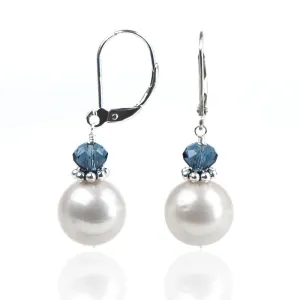 Dangle Real Freshwater Pearl Earrings | Blue Austrian Crystal | Sterling Silver Leverback | Bridesmaid Earring