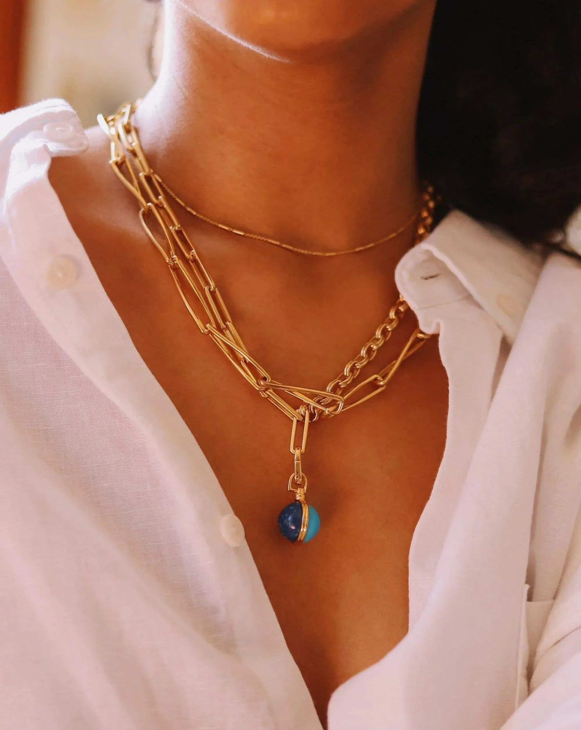 Deconstructed Axiom Sphere Chain Necklace | 18ct Gold Plated / Lapis & Turquoise