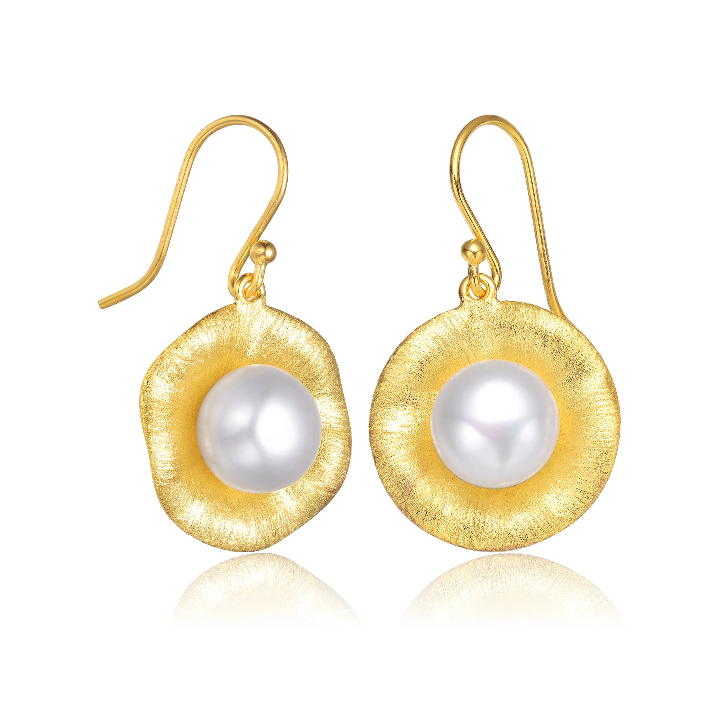 Delphine Golden Brushed Flower Pearl Earrings