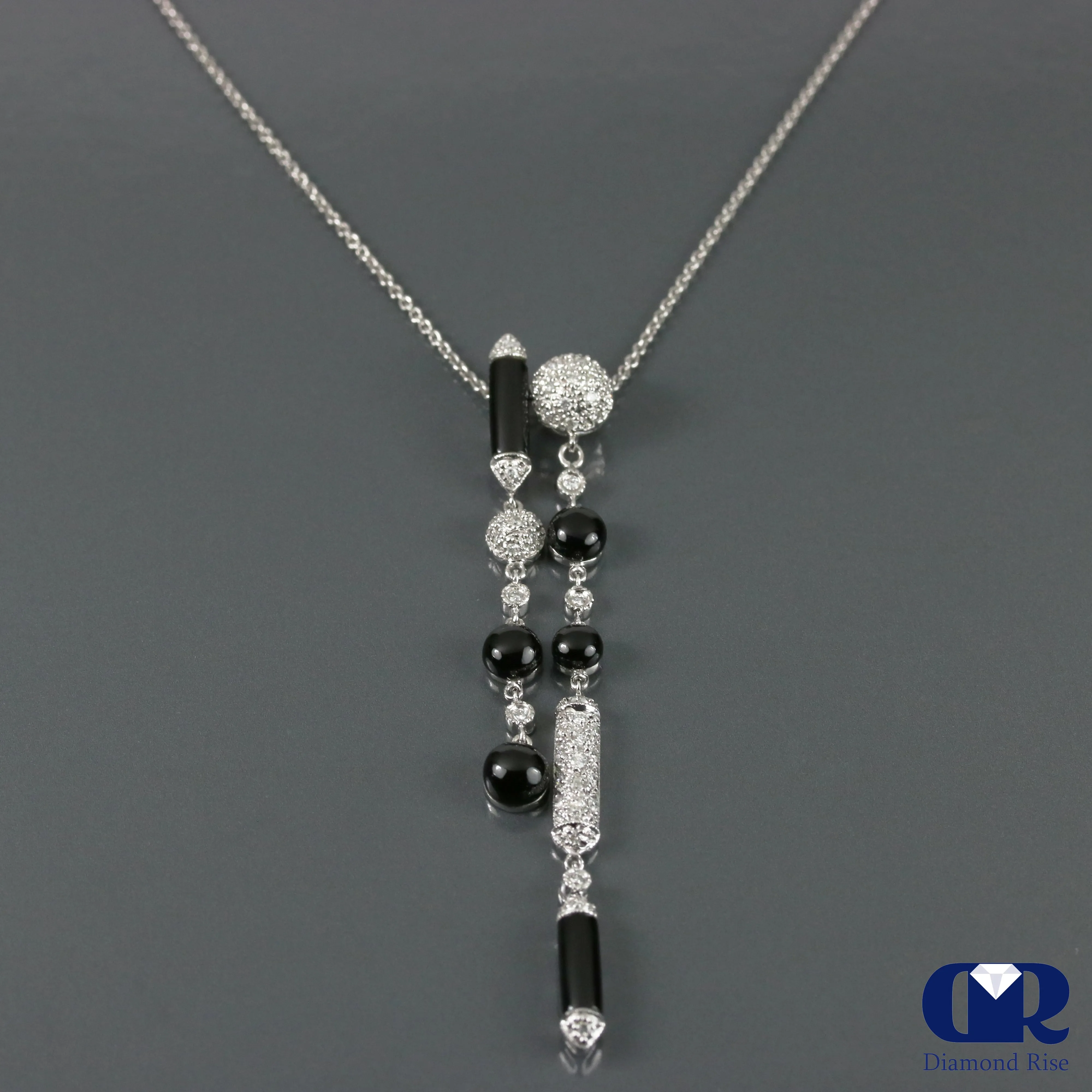 Diamond & Onyx Pendant Necklace In 18K White Gold With 16" Chain