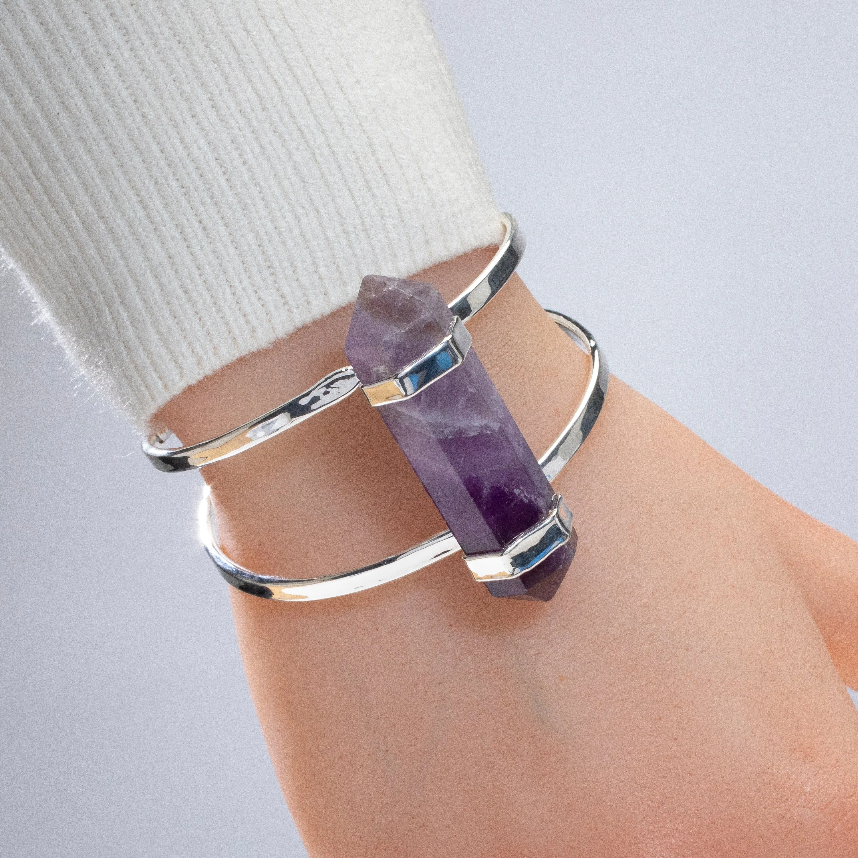 Double Terminated Amethyst Silver Cuff Bracelet