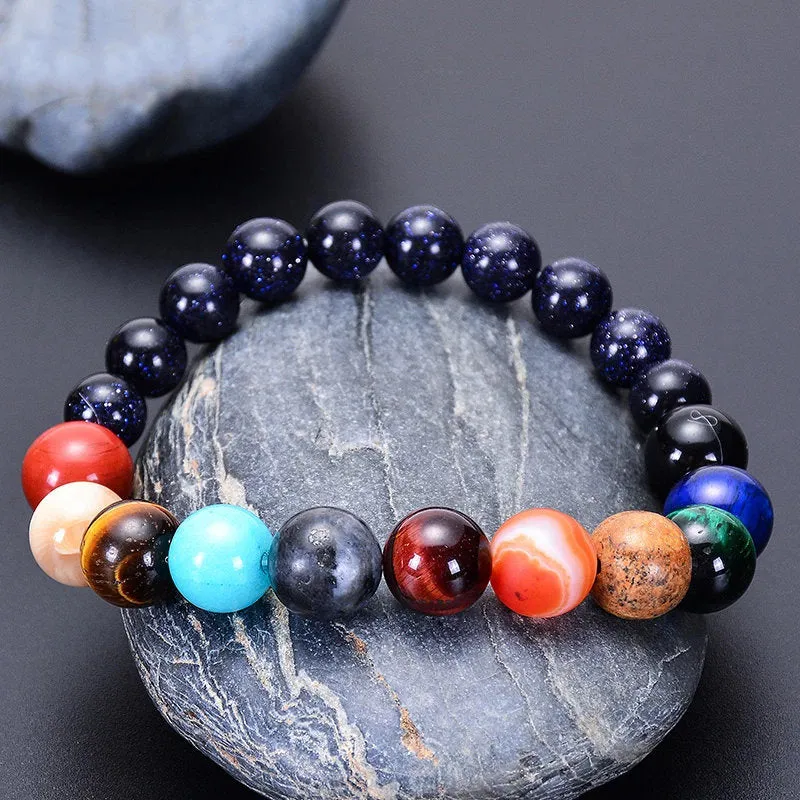 Eight Planet Themed Round Beads Stretch Bracelet-Solar System Bracelet-Natural Healing Stone Bracelet-Universe Yoga Chakra Galaxy Bracelet