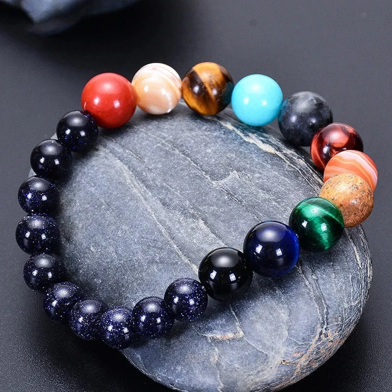 Eight Planet Themed Round Beads Stretch Bracelet-Solar System Bracelet-Natural Healing Stone Bracelet-Universe Yoga Chakra Galaxy Bracelet