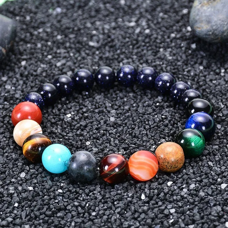 Eight Planet Themed Round Beads Stretch Bracelet-Solar System Bracelet-Natural Healing Stone Bracelet-Universe Yoga Chakra Galaxy Bracelet