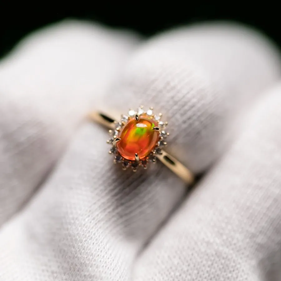 Extremely Rare Deep Red Cabochon Fire Opal Halo Diamond Engagement Ring 18K Gold