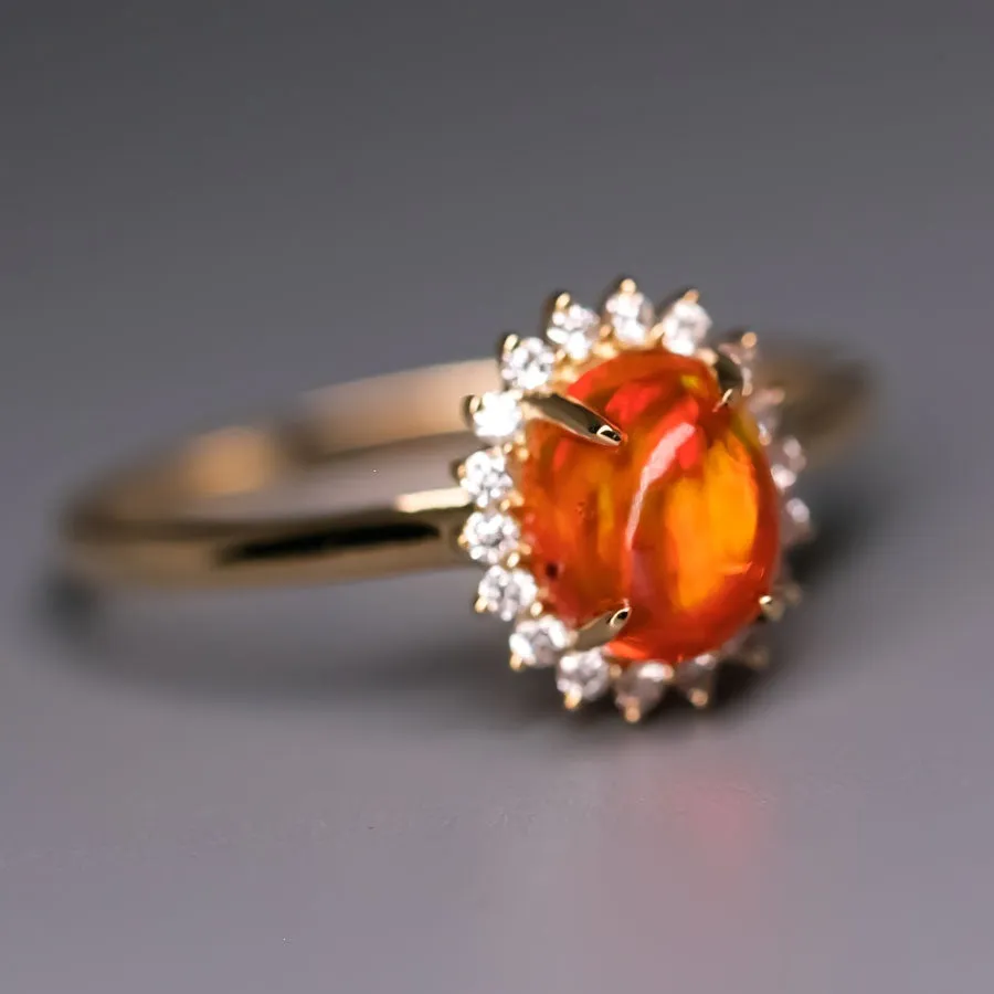 Extremely Rare Deep Red Cabochon Fire Opal Halo Diamond Engagement Ring 18K Gold