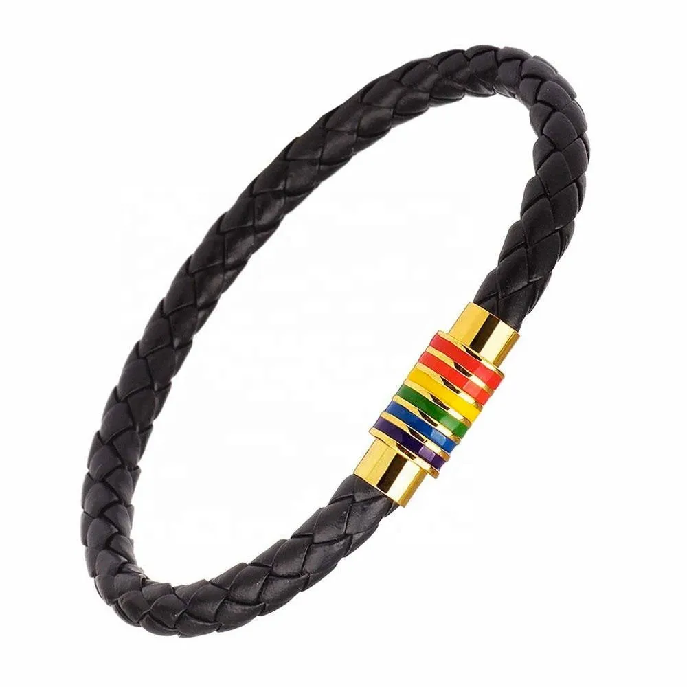 Gay Pride Rainbow Magnetic Bracelet (Black Leather/Gold Clasp)