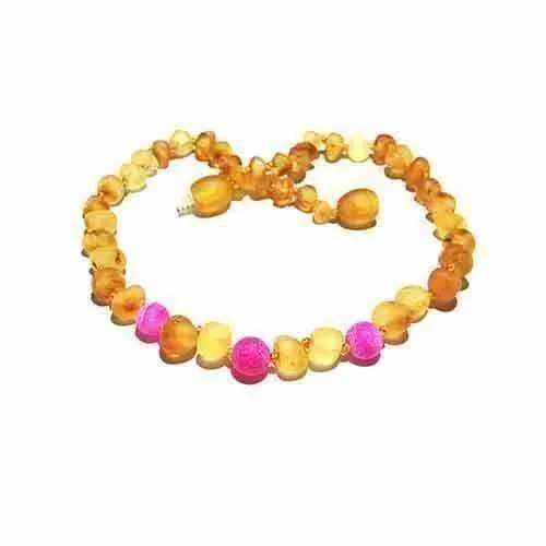 Girls Nurture Raw Unpolished Honey Pink Agate Baltic Amber Bead Necklace