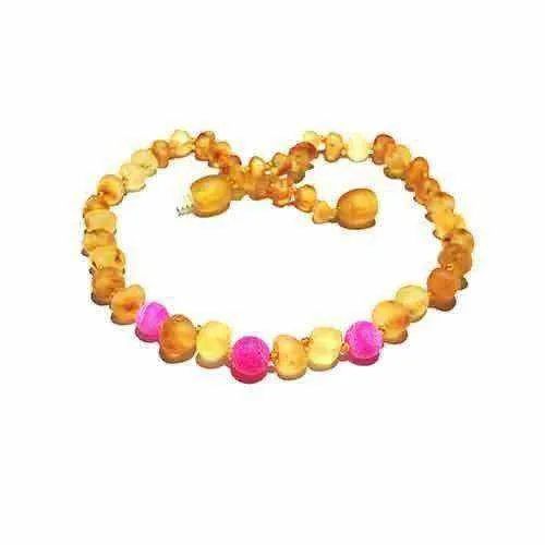 Girls Nurture Raw Unpolished Honey Pink Agate Baltic Amber Bead Necklace