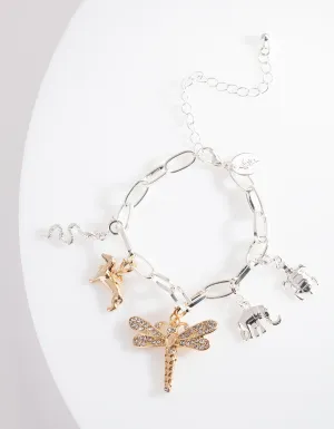 Gold Animals Charms Silver Link Bracelet