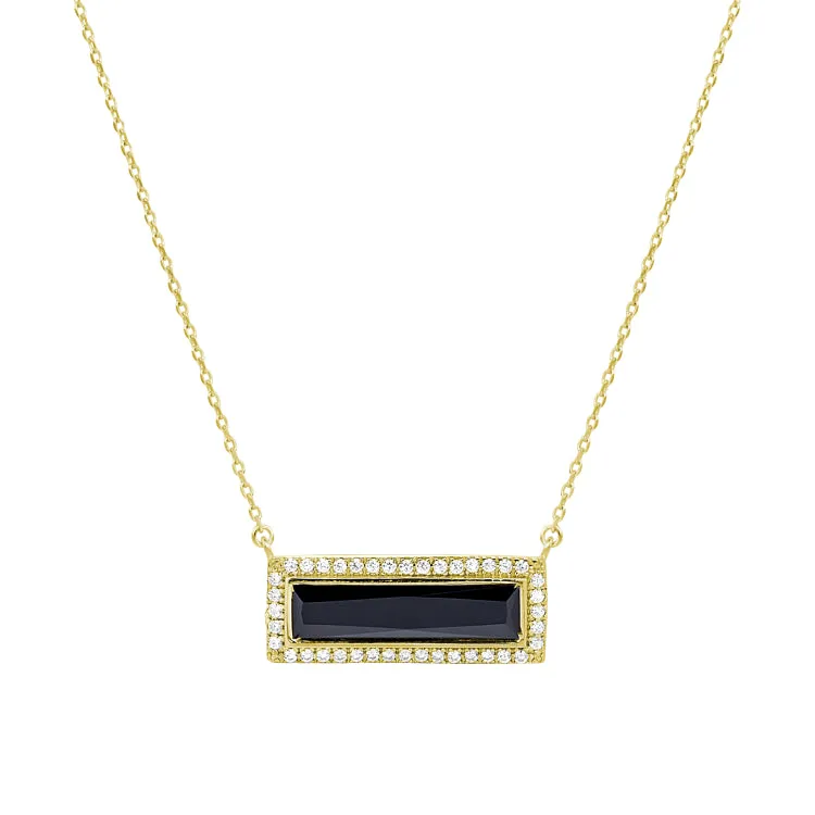 Gold Finish Sterling Silver Necklace with Rectangular Simulated Onyx Stone and Simulated Diamonds on 16" - 18" Chain