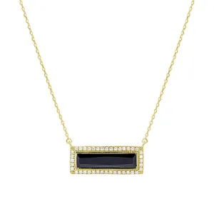 Gold Finish Sterling Silver Necklace with Rectangular Simulated Onyx Stone and Simulated Diamonds on 16" - 18" Chain