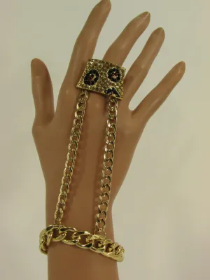 Gold Metal Chains Hand Chain Bracelet Bling Big Leopard Rhinestones