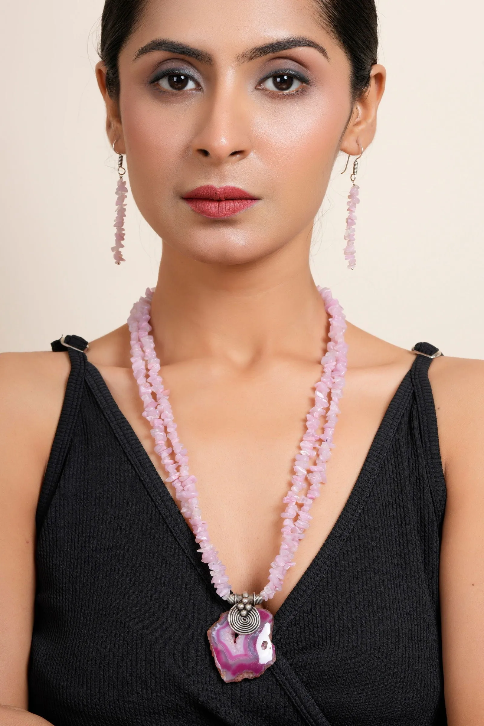 Handmade Pink Agate with Double Line Uncut Stone Chips Necklace & Matching Earrings Set