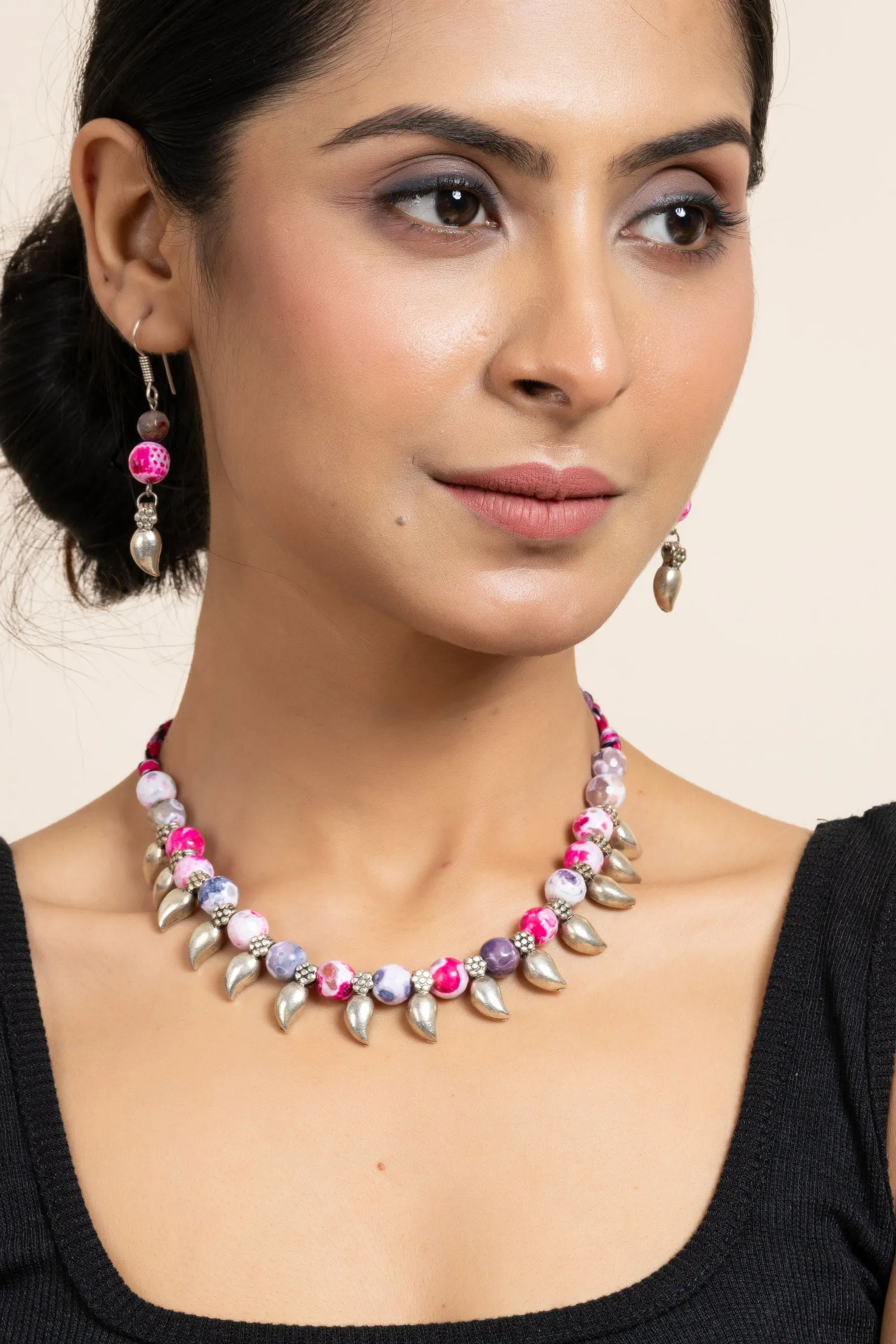 Handmade Semi Precious Pink Purple Onyx Necklace with Mango Charm & Matching Earrings Set for Women