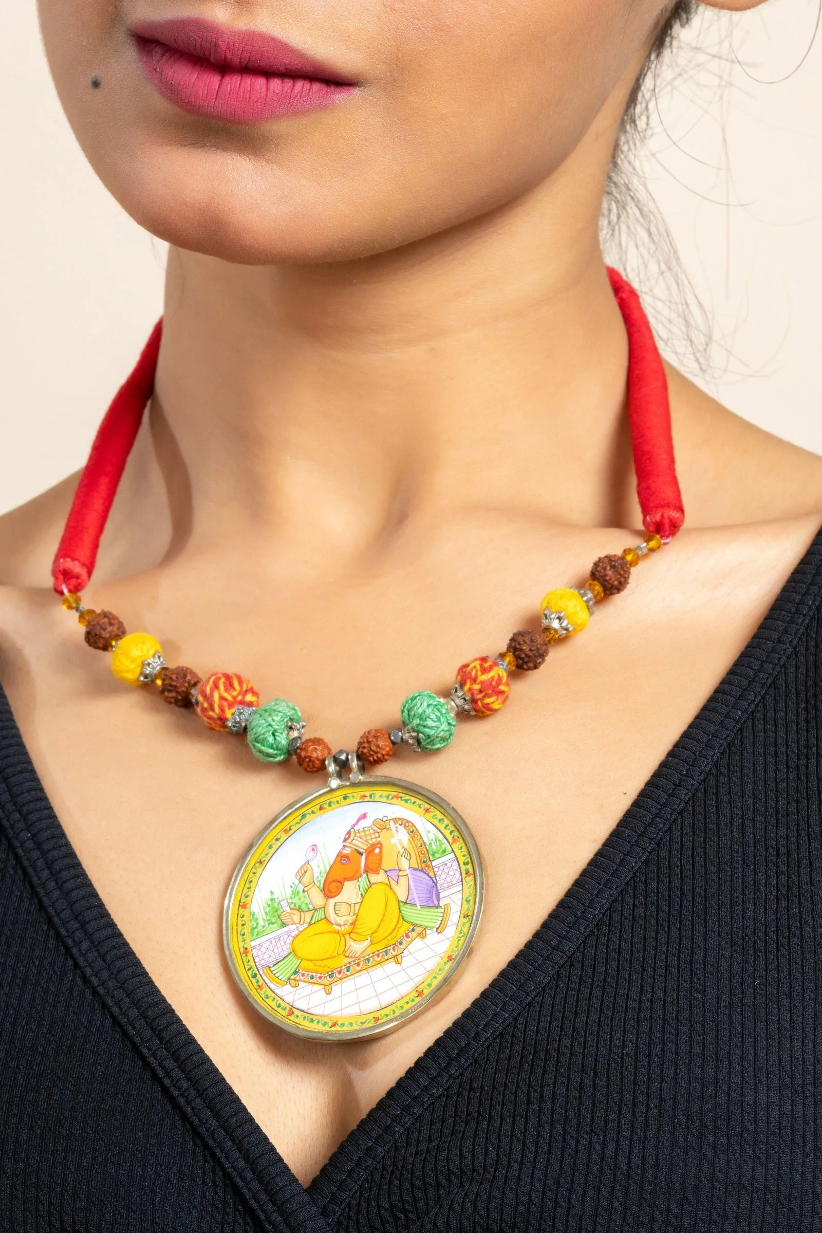 Handmade Yellow Miniature Handpainted Ganesha Pendant with Red Green Yellow Cotton Beads Necklace