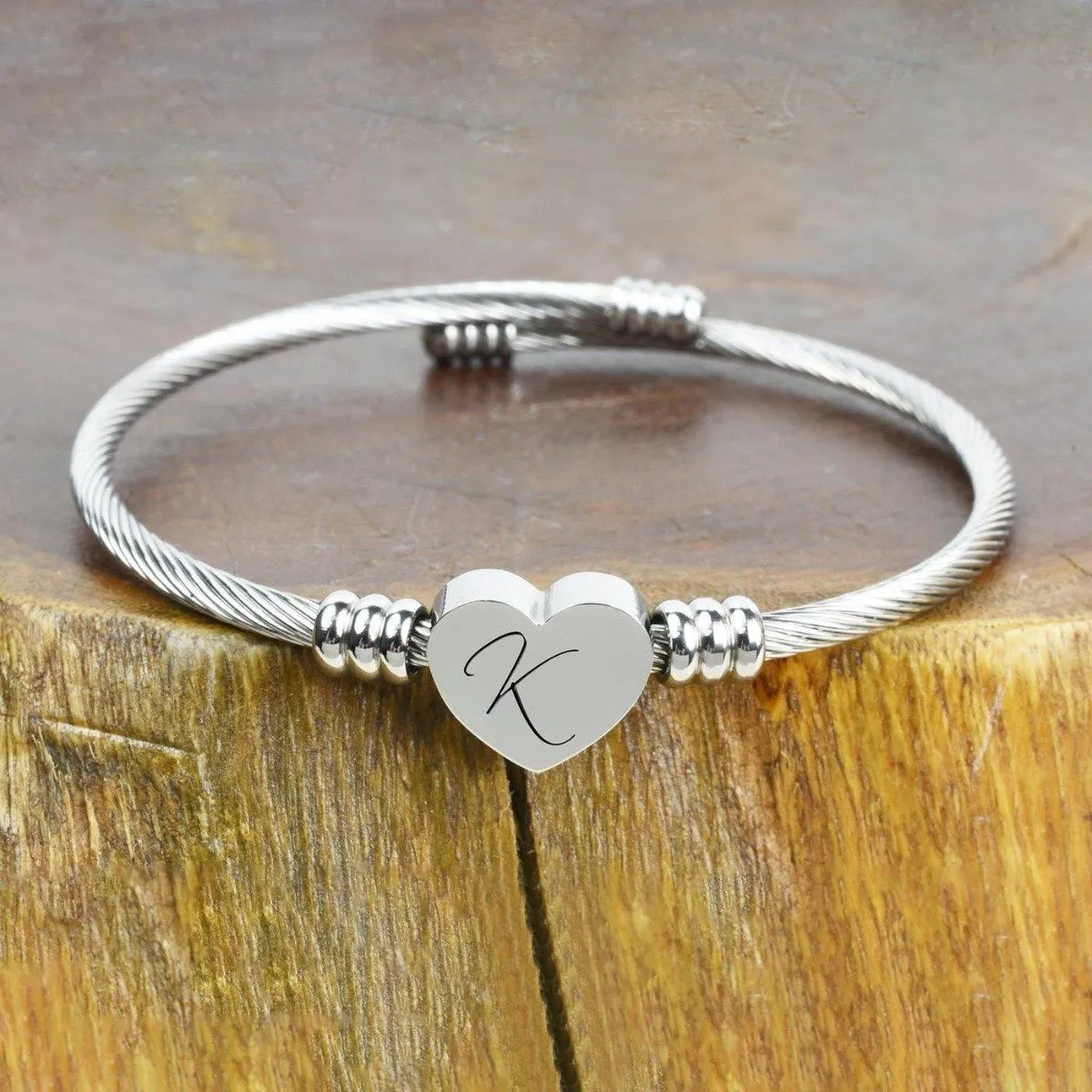 Heart Cable Initial Bracelet Hypoallergenic and Adjustable