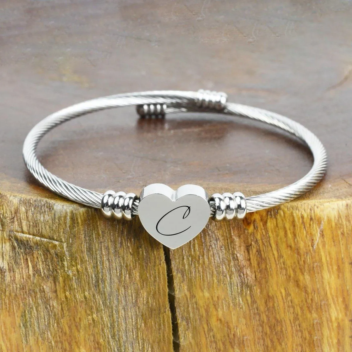 Heart Cable Initial Bracelet Hypoallergenic and Adjustable