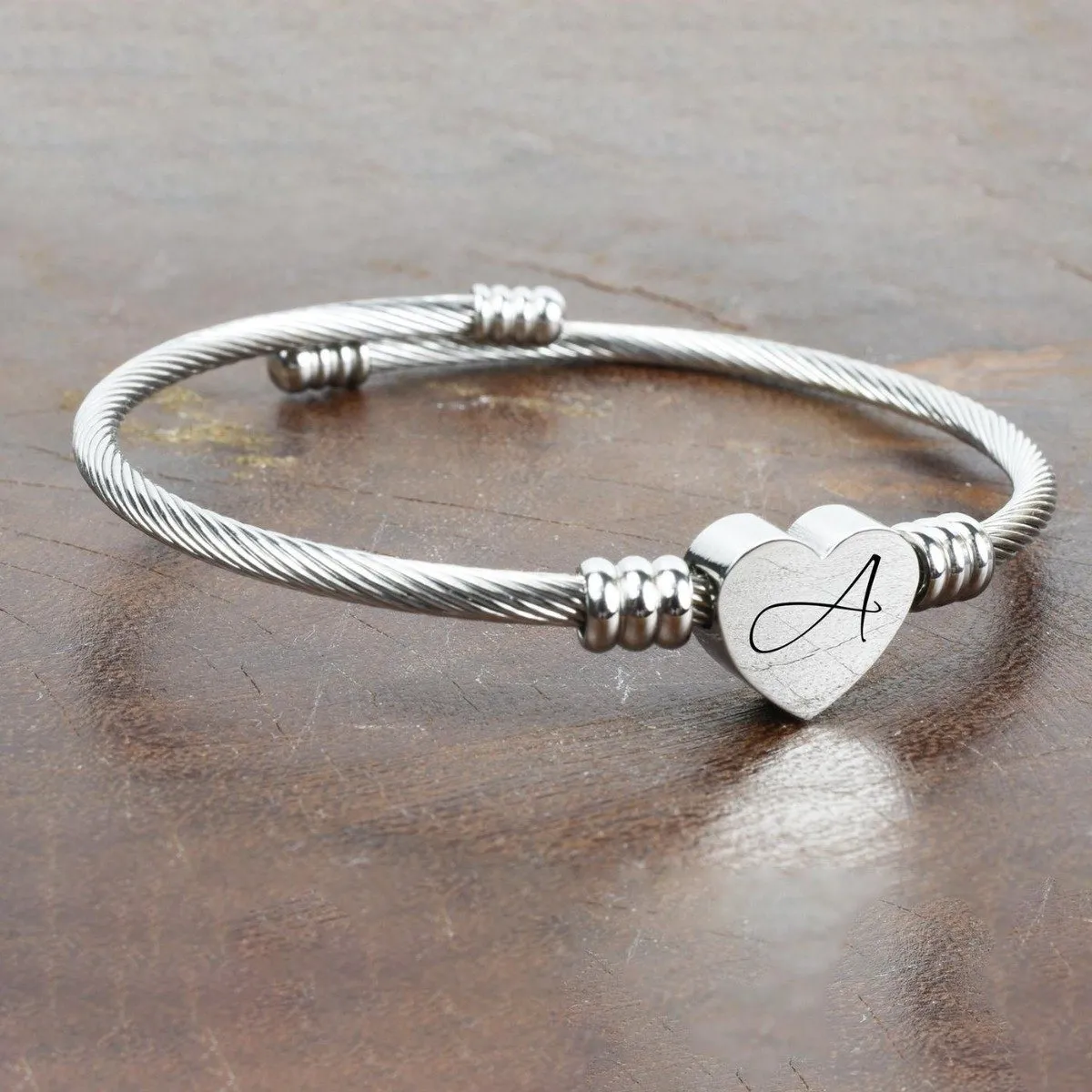 Heart Cable Initial Bracelet Hypoallergenic and Adjustable