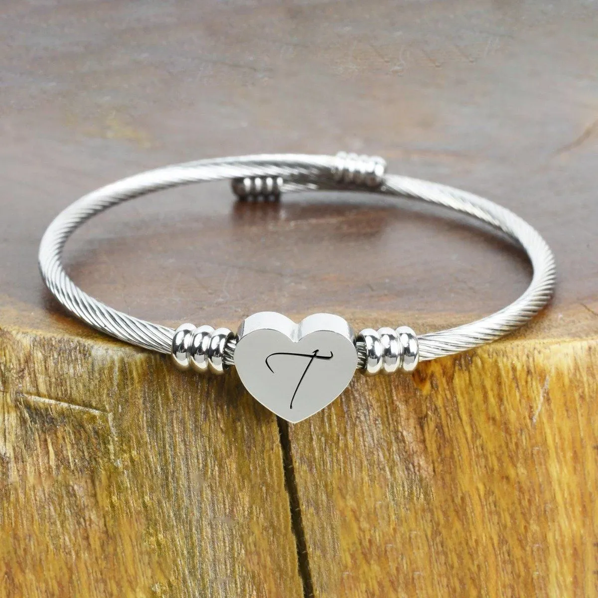 Heart Cable Initial Bracelet Hypoallergenic and Adjustable