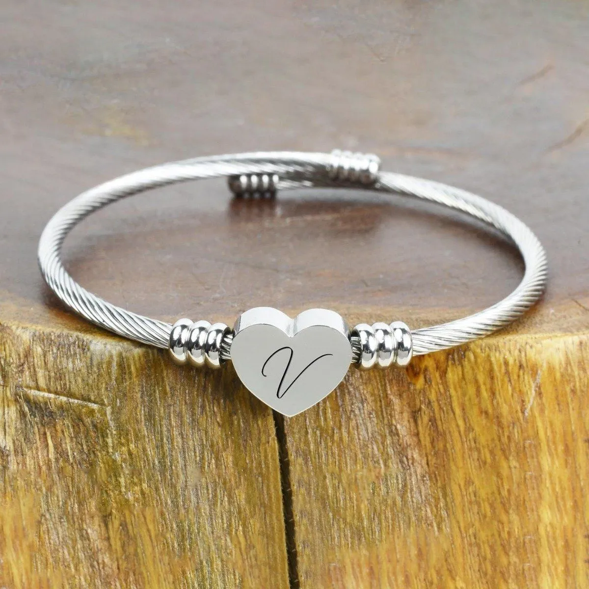 Heart Cable Initial Bracelet Hypoallergenic and Adjustable