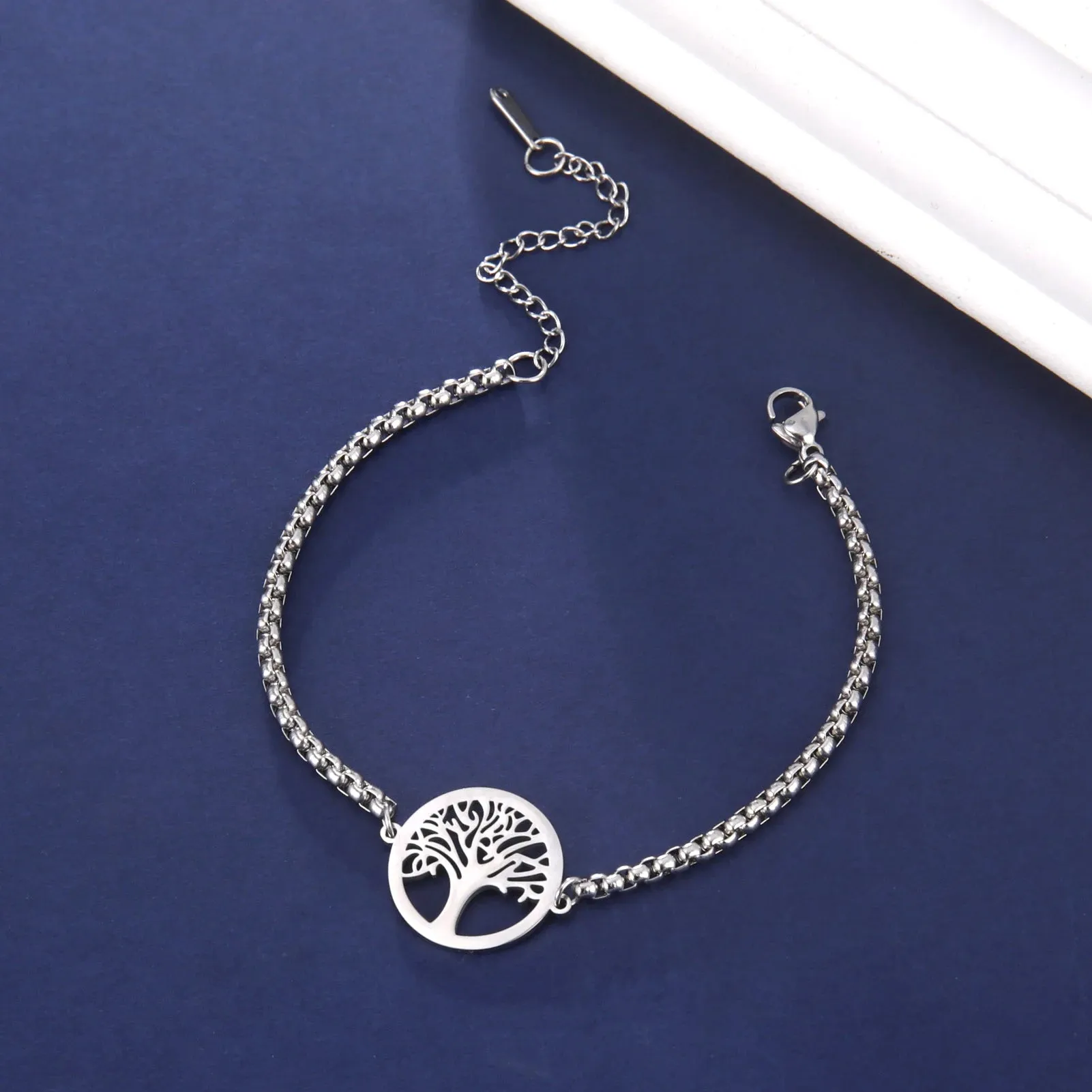 Hip Hop Stainless Steel Box Chain Bracelet Openworked Tree of Life Pendant Bracelet for Men Women Jewelry Party Gift